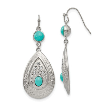 Stainless Steel Polished/Hammered Imitation Turquoise/CZ Earrings