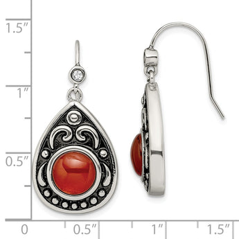 Stainless Steel Polished/Antiqued Red Agate/CZ Dangle Earrings