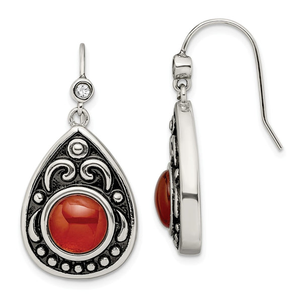 Stainless Steel Polished/Antiqued Red Agate/CZ Dangle Earrings