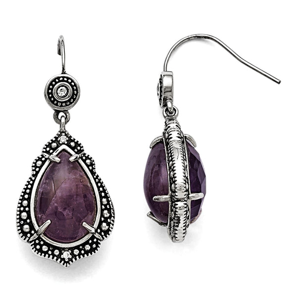 Stainless Steel Polished/Antiqued Purple CZ Earrings