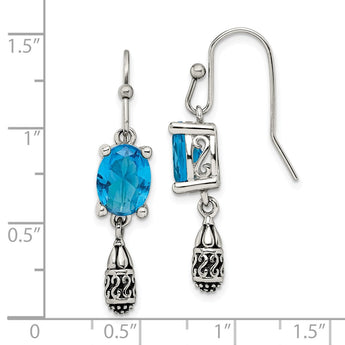 Stainless Steel Polished and Antiqued Blue Glass Earrings