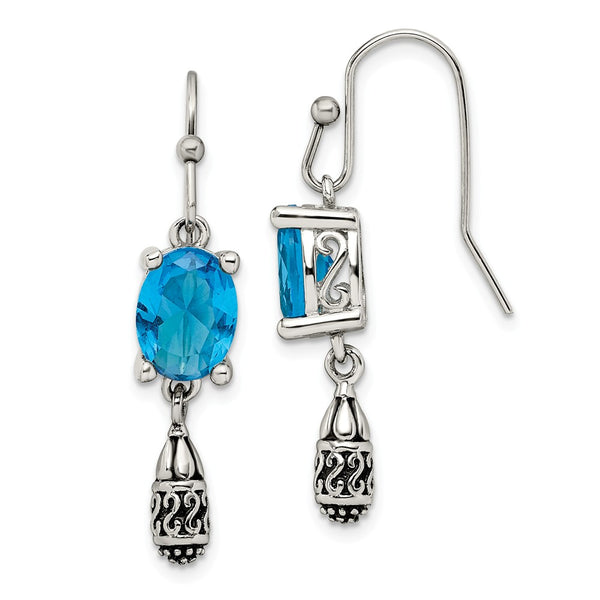 Stainless Steel Polished and Antiqued Blue Glass Earrings