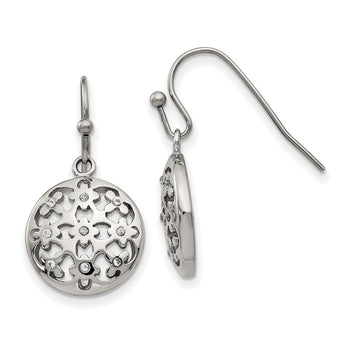 Stainless Steel Polished CZ Circle Shepherd Hook Earrings