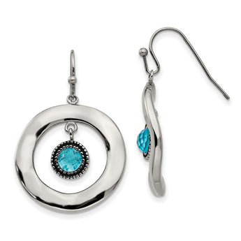 Stainless Steel Polished Wavy Circle Blue Glass Earrings