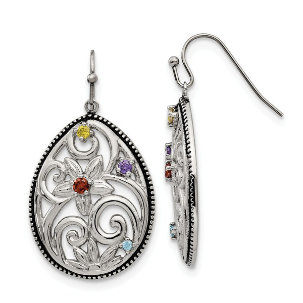 Stainless Steel Polished/Antiqued Multicolor CZ Earrings