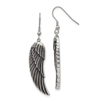 Stainless Steel Antiqued Shepherd Hook Dangle Wing Earrings