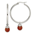 Stainless Steel Polished Hoop w/Red Agate Bead Earrings