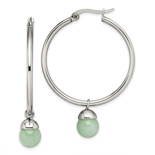 Stainless Steel Polished Hoop w/Green Aventurine Bead Earrings