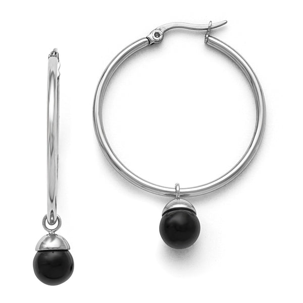 Stainless Steel Polished Hoop w/Black Agate Bead Earrings
