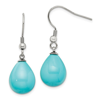 Stainless Steel Blue Shell Bead Polished Dangle Earrings