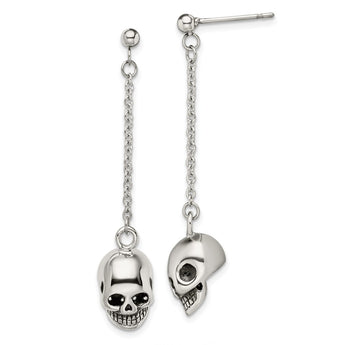 Stainless Steel Polished/Antiqued Skull Post Dangle Earrings