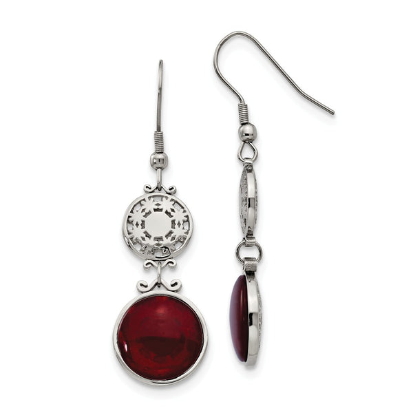 Stainless Steel Red Glass Polished Shepherd Hook Earrings