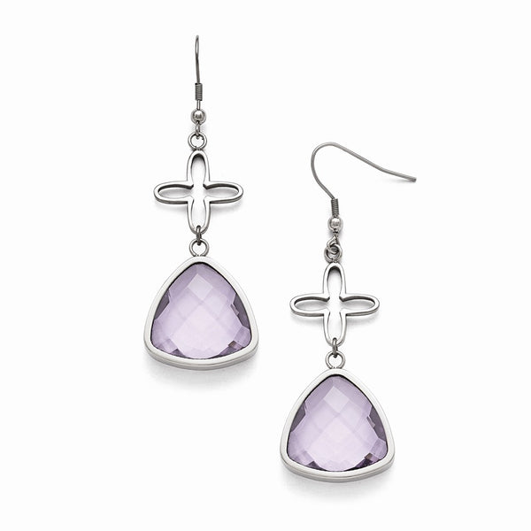 Stainless Steel Polished Flower Purple Glass Shepherd Hook Earrings
