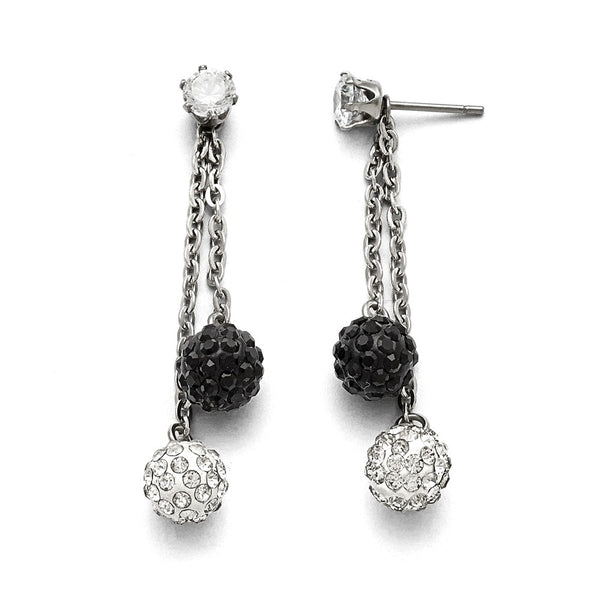 Stainless Steel Polished Black and White Crystal Post Dangle Earrings