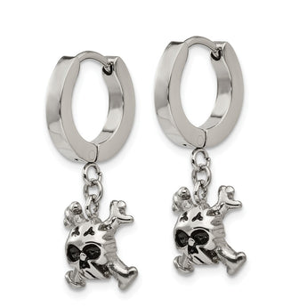 Stainless Steel Polished Black Oxidized Skull Dangle Hinged Hoop Earrings