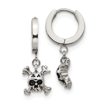 Stainless Steel Polished Black Oxidized Skull Dangle Hinged Hoop Earrings