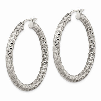 Stainless Steel Polished Textured Hollow Hoop Earrings