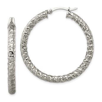 Stainless Steel Polished Textured Hollow Hoop Earrings