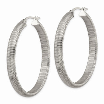 Stainless Steel Polished Textured Oval Hoop Earrings