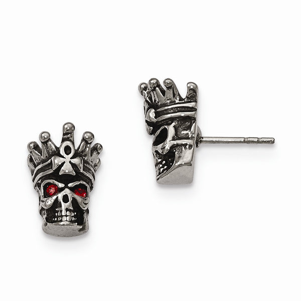Stainless Steel Antiqued and Polished w/ Crystal Skull Post Earrings - Birthstone Company