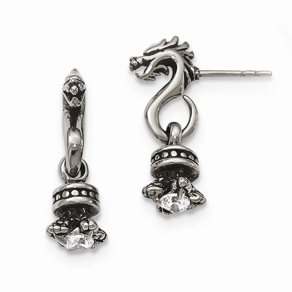 Stainless Steel Antiqued and Polished w/ CZ Dragon Post Earrings