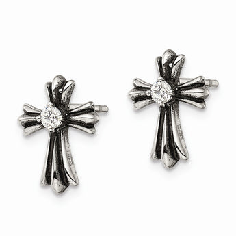 Stainless Steel Antiqued and Polished w/ CZ Cross Post Earrings