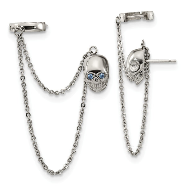 Stainless Steel Polished Double Earrings w/Hoop Chain Dangle & Blue CZ Post