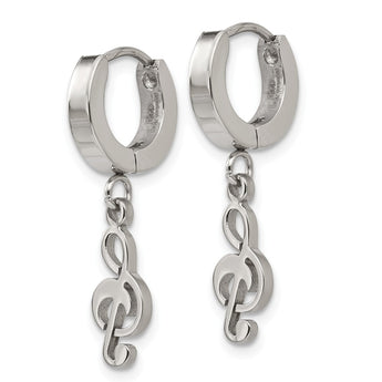 Stainless Steel Polished Music Note Dangle Hinged Hoop Earrings