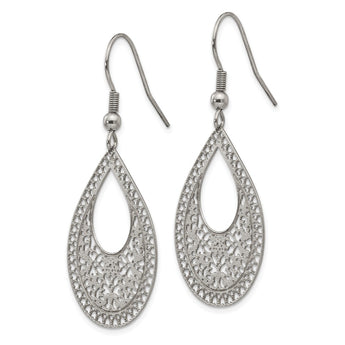 Stainless Steel Polished Textured Cut-out Design Dangle Earrings