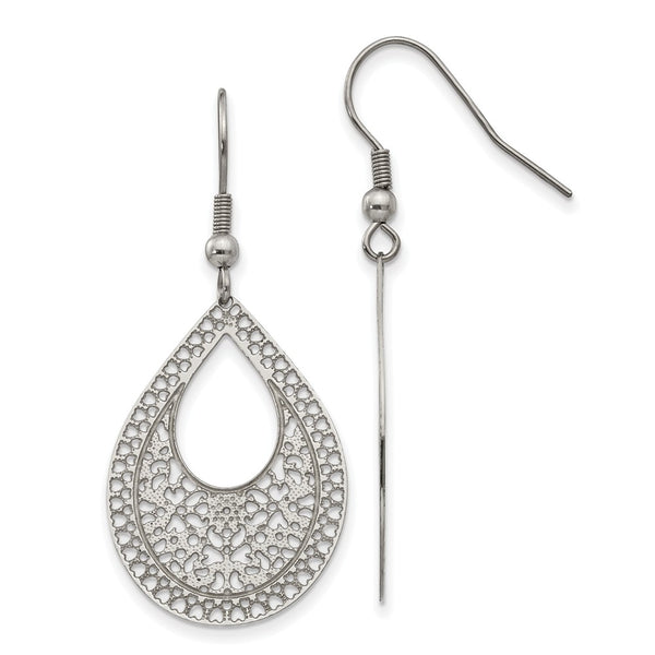 Stainless Steel Polished Textured Cut-out Design Dangle Earrings