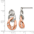 Stainless Steel Polished w/Rose IP Loop Crystal Dangle Post Earrings