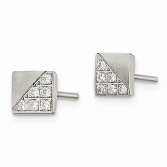 Stainless Steel Brushed CZ Square Post Earrings