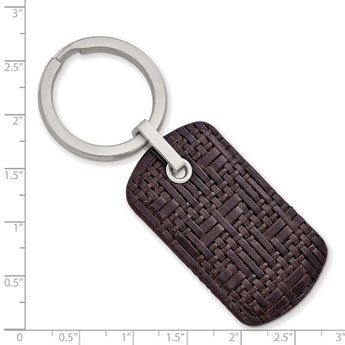 Stainless Steel Brushed Brown Woven & Stitched Leather Key Ring