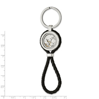Stainless Steel Brushed & Polished Yellow IP w/CZ & Leather Key Ring