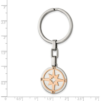 Stainless Steel Brushed and Polished Rose IP-plated Compass Key Ring