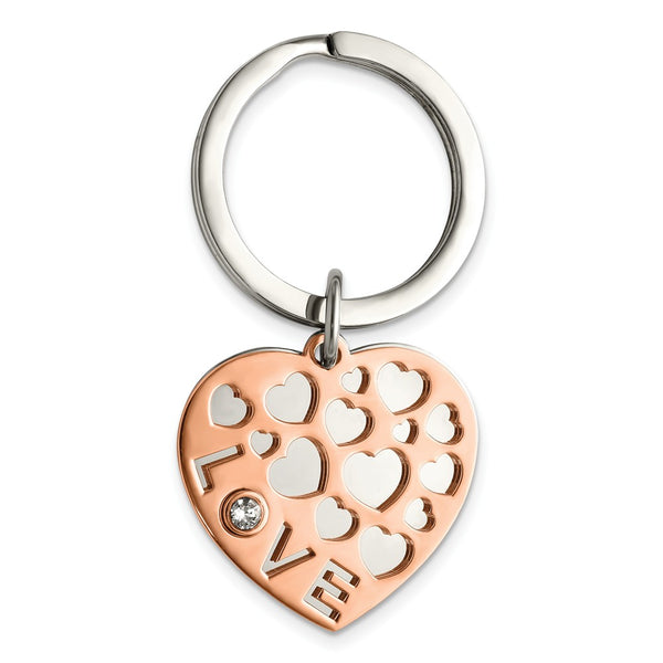 Stainless Steel Polished Rose IP w/Swarovski LOVE Hearts 2 Piece Key Ring