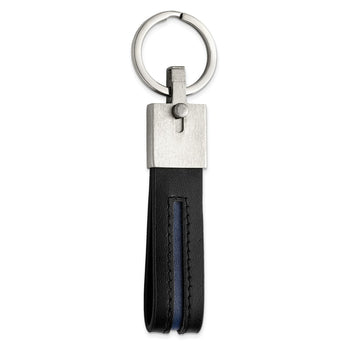 Stainless Steel Brushed with Removable Ring Blue/Black Leather Key Ring