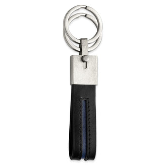 Stainless Steel Brushed with Removable Ring Blue/Black Leather Key Ring
