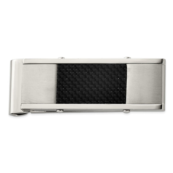 Stainless Steel Brushed and Polished Black Carbon Fiber Inlay Money Clip
