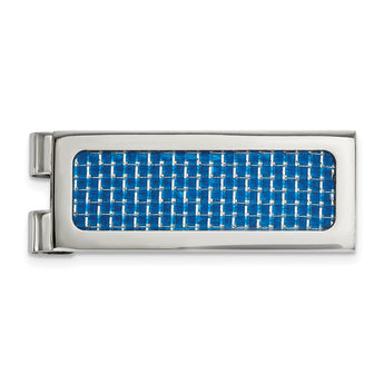 Stainless Steel Polished with Blue Carbon Fiber Inlay Money Clip