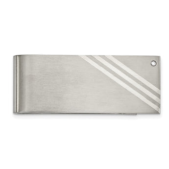 Stainless Steel Sterling Silver Inlay Brushed w/ CZ Money Clip