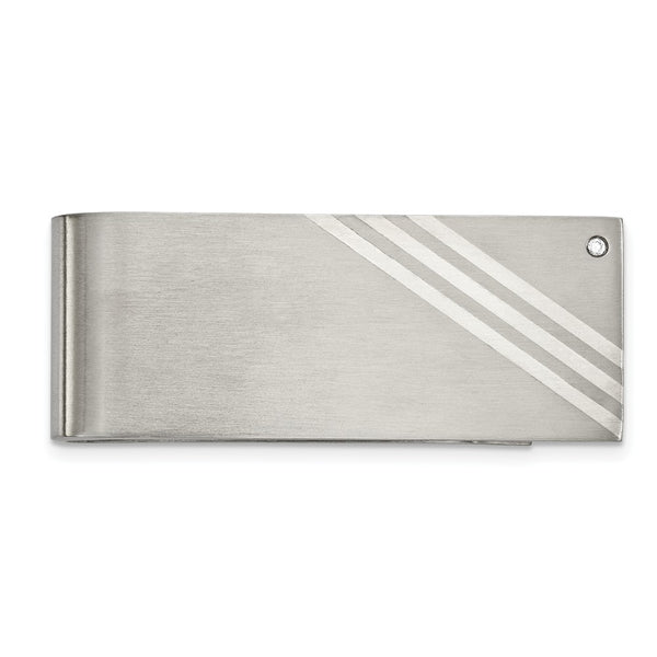 Stainless Steel Sterling Silver Inlay Brushed w/ CZ Money Clip
