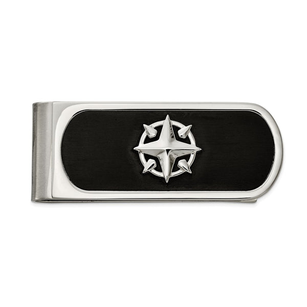 Stainless Steel Brushed and Polished Black IP-plated Compass Money Clip