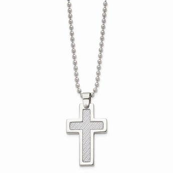 Stainless Steel Polished w/Grey Carbon Fiber Inlay Cross 22in Necklace