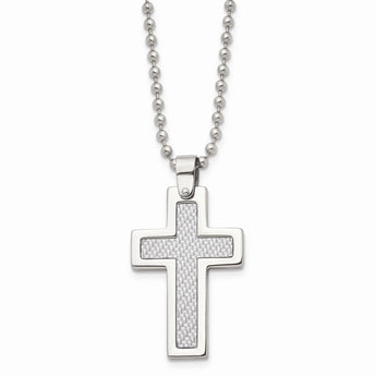 Stainless Steel Polished w/Grey Carbon Fiber Inlay Cross 22in Necklace