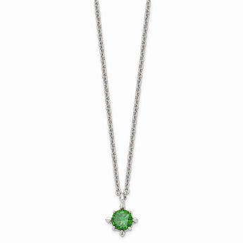 Stainless Steel Green CZ Pendant 18in Necklace