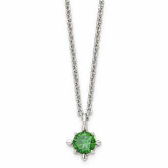 Stainless Steel Green CZ Pendant 18in Necklace