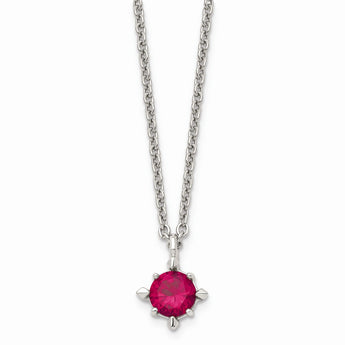 Stainless Steel Red CZ Pendant 18in Necklace