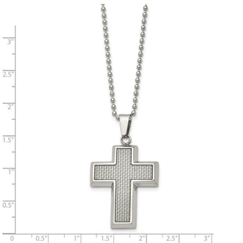 Stainless Steel Polished w/Grey Carbon Fiber Inlay Cross 22in Necklace