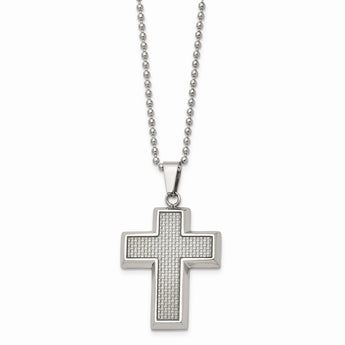 Stainless Steel Polished w/Grey Carbon Fiber Inlay Cross 22in Necklace